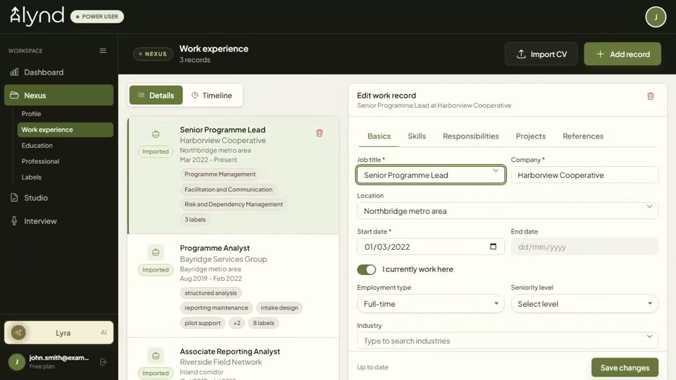 Alynd Nexus work record interface