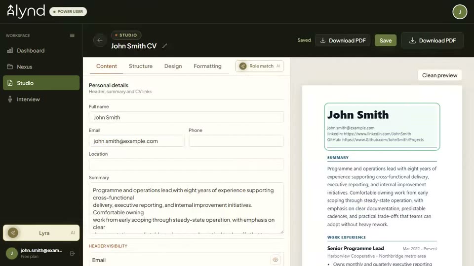Alynd Studio CV editor interface
