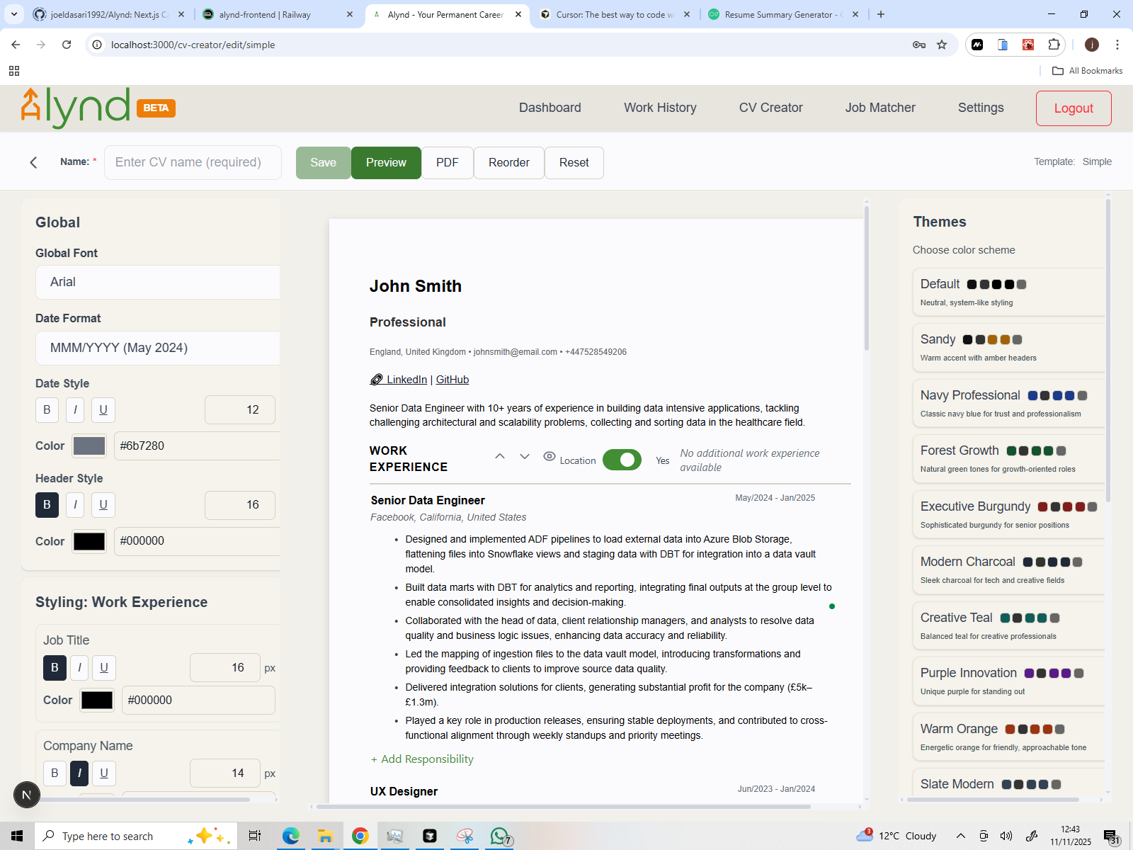 CV Builder - Live editor with theme customization, section toggling, and real-time preview
