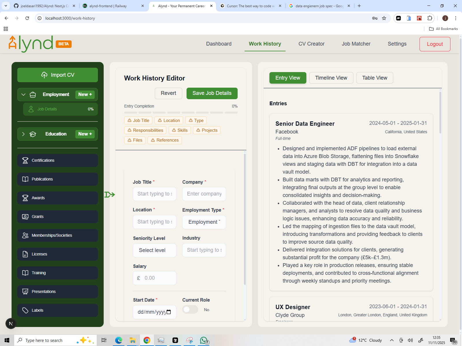 Work History Hub - Track your entire career with structured job details, responsibilities, projects and more